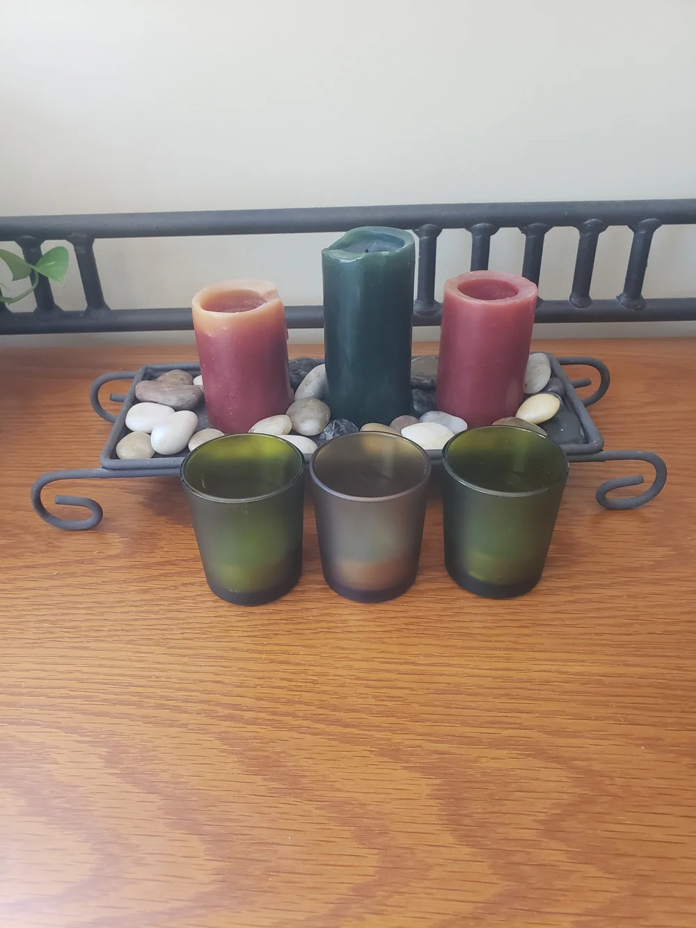 Rustic Candle Set On Metal Stand And Rock Accents With Votive Holders & Candles